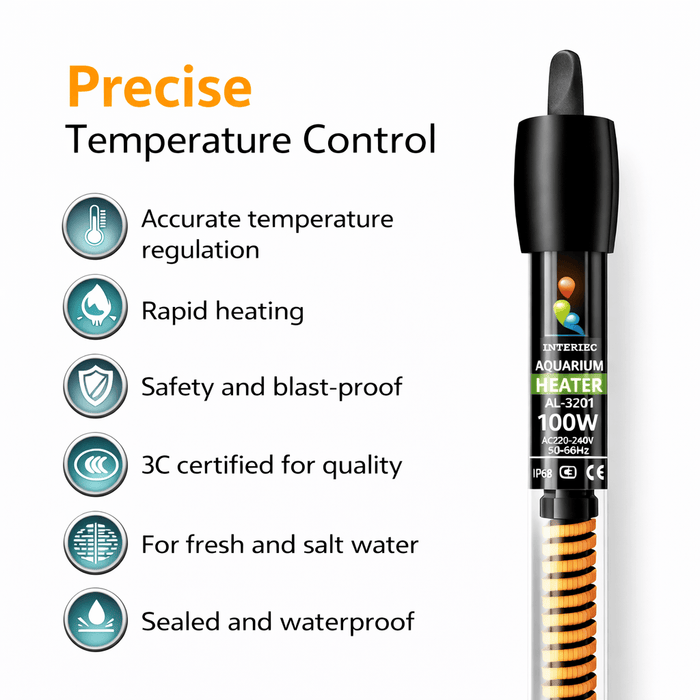 Jeneca AL-3201 Aquarium Heater (25W/50W/100W/150W/200W/300W) – Automatic Heater with Safety Quartz Glass Tube
