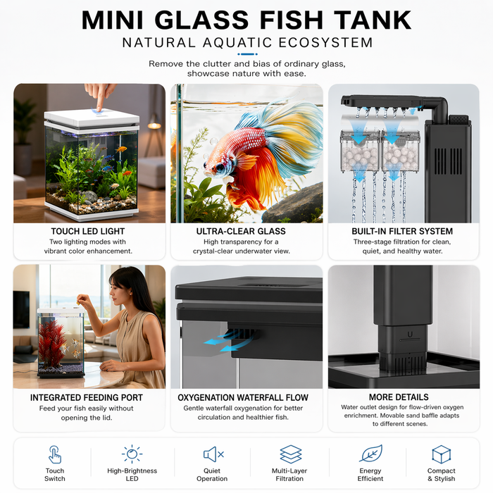 SUNSUN ATF-200 Desktop Fish Tank Black/White – Compact Aquarium with Built-in Filter & LED Light