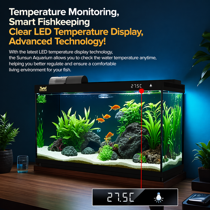 SUNSUN LEA-380/480A Black - Ultra Clear Desktop Aquarium Tank with Built-In Filter & LED Light