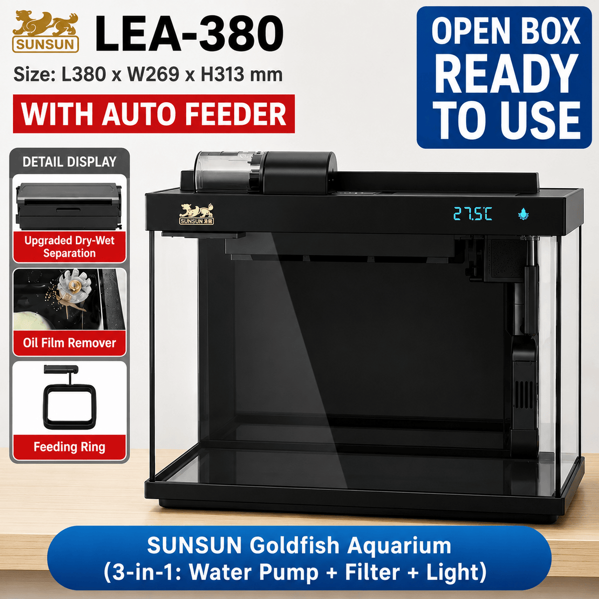 SUNSUN LEA-380/480A Black - Ultra Clear Desktop Aquarium Tank with Bui ...