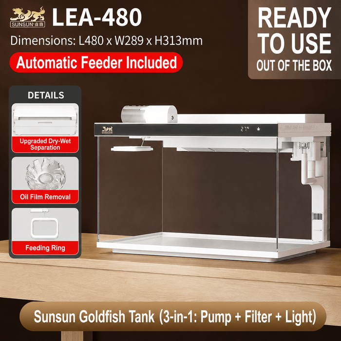 SUNSUN LEA-380/480A White - Ultra Clear Desktop Aquarium Tank with Built-In Filter & LED Light